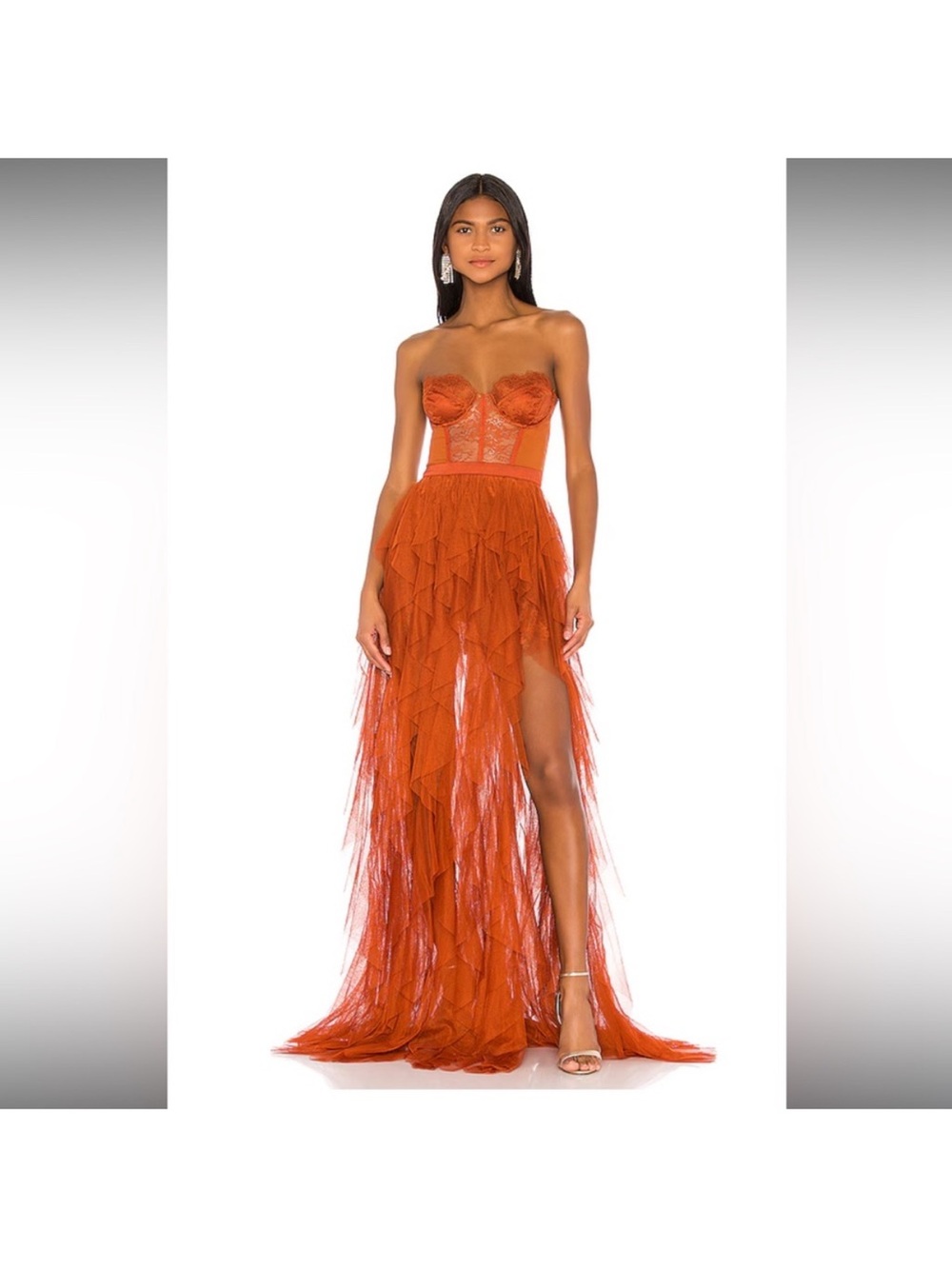 For love and lemons Strapless High-Low Ruffled Gown in Burnt Orange